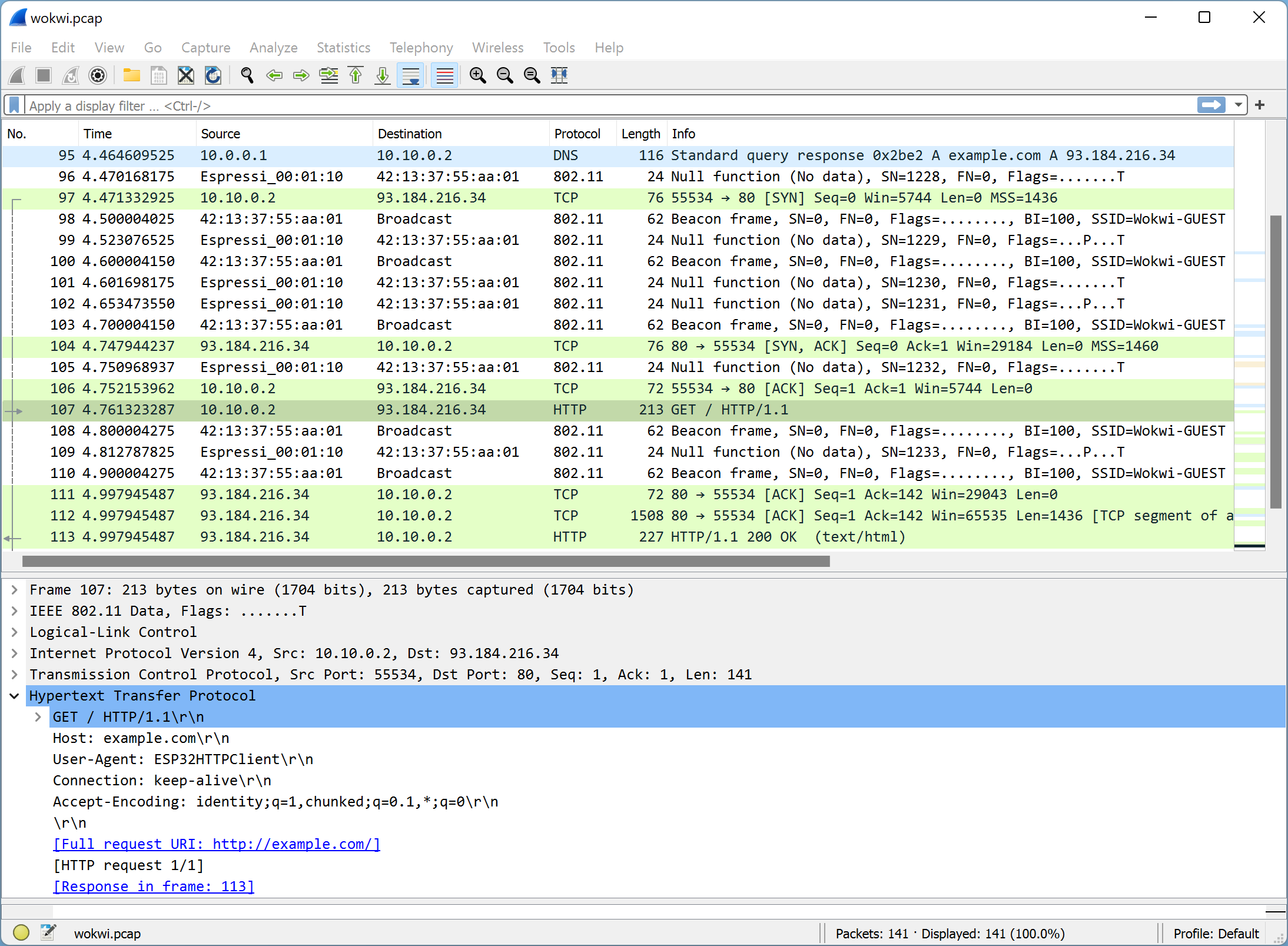 Pacotes Wireshark ESP32 WiFi: DNS, HTTP, and 802.11 MAC